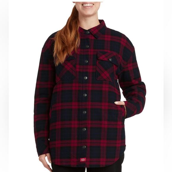 NWT Dickies Red/Black Buffalo Check Shacket Oversized Jacket Snap Up Pockets S - Picture 1 of 4